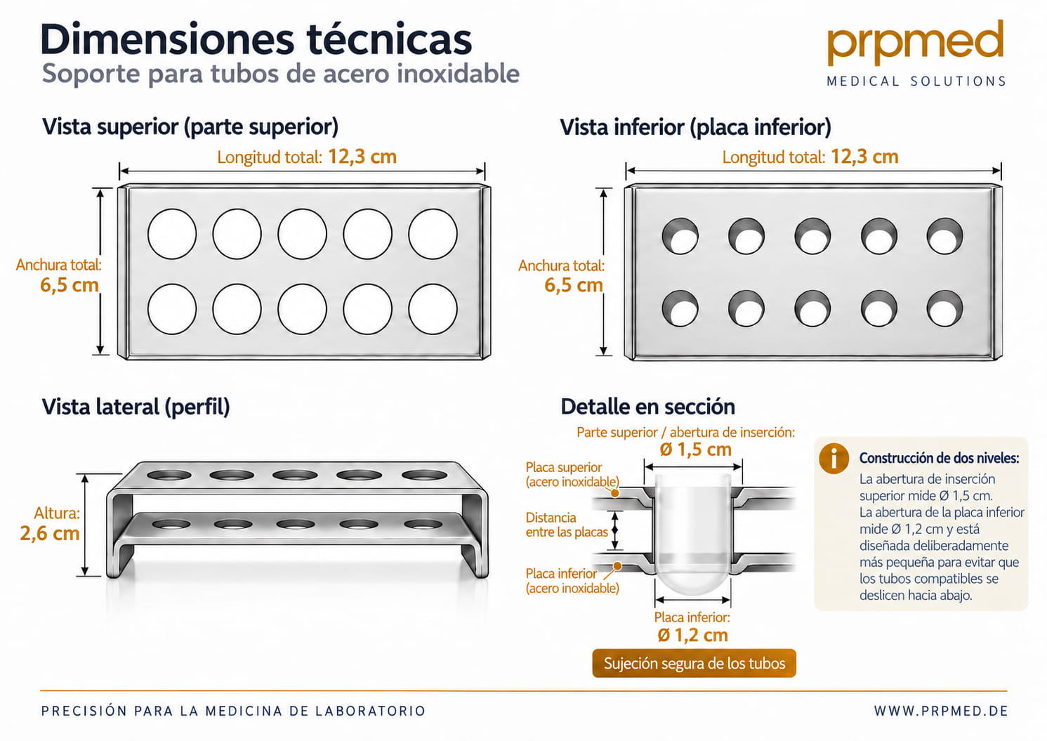 Dimensiones técnicas del soporte de acero inoxidable con abertura superior de 15 mm y abertura inferior de 12 mm