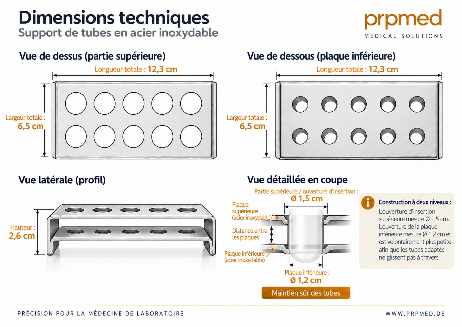 Dimensions techniques du support en acier inoxydable avec ouverture supérieure de 15 mm et ouverture inférieure de 12 mm