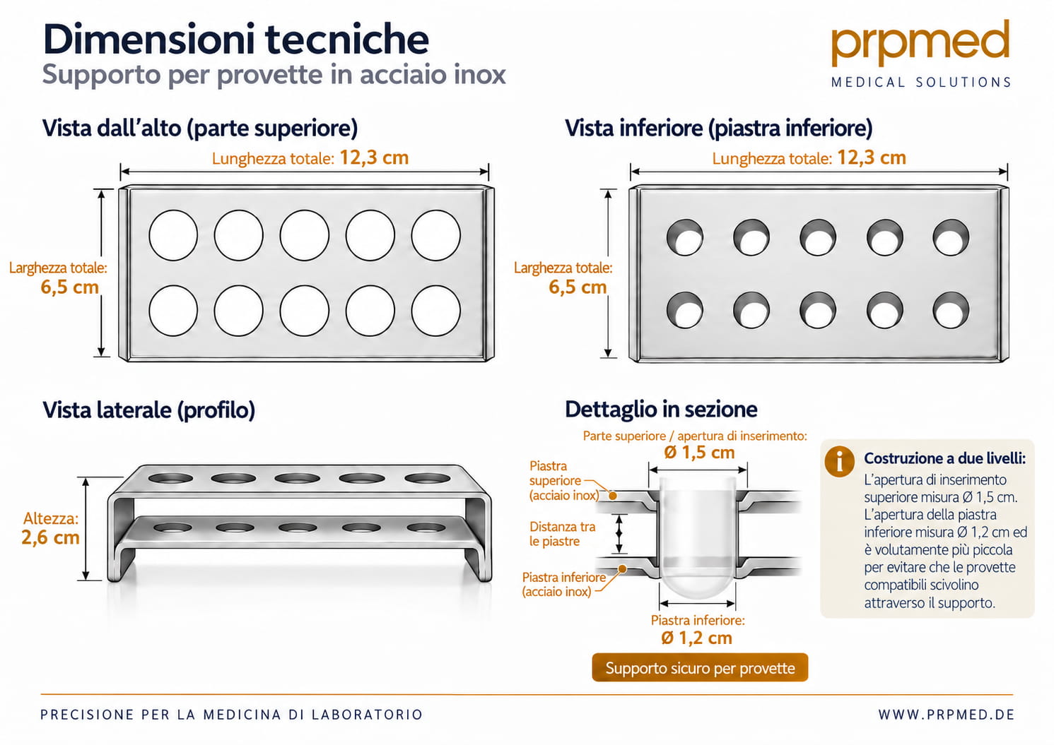 Dimensioni tecniche del portaprovette in acciaio inox con apertura superiore da 15 mm e apertura inferiore da 12 mm