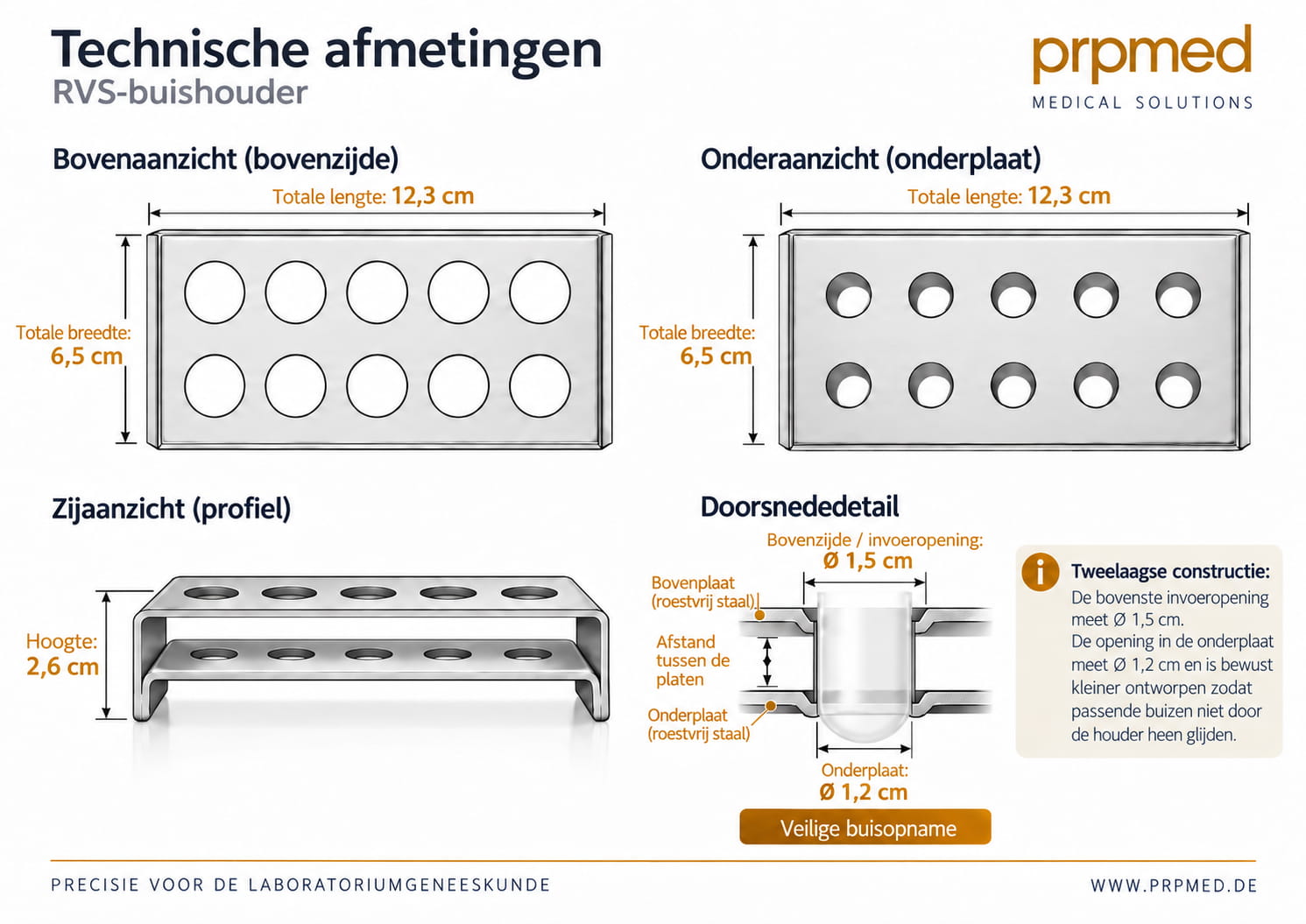 Technische afmetingen van de RVS-buishouder met bovenopening van 15 mm en onderopening van 12 mm
