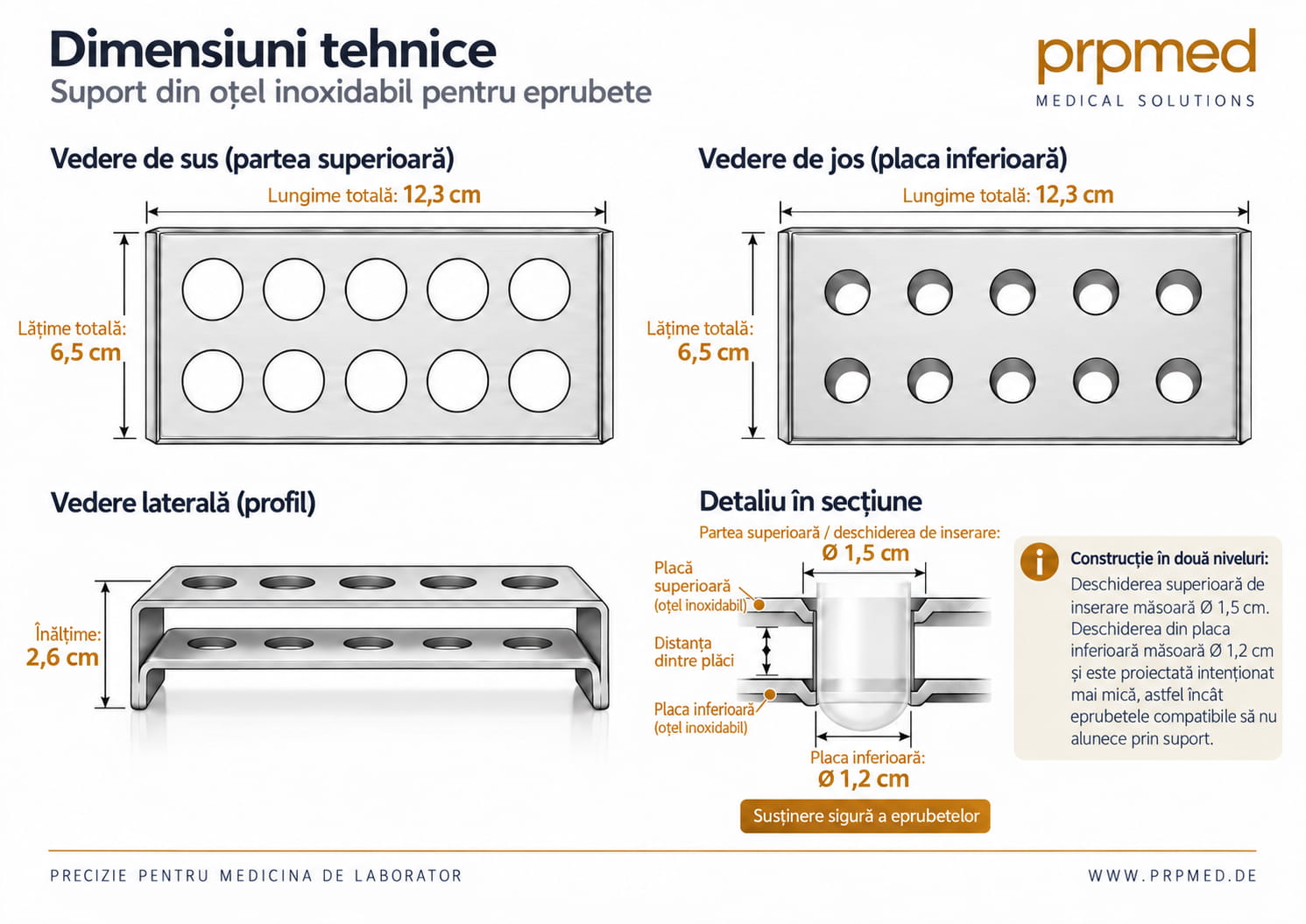 Dimensiuni tehnice ale suportului din oțel inoxidabil cu deschidere superioară de 15 mm și deschidere inferioară de 12 mm