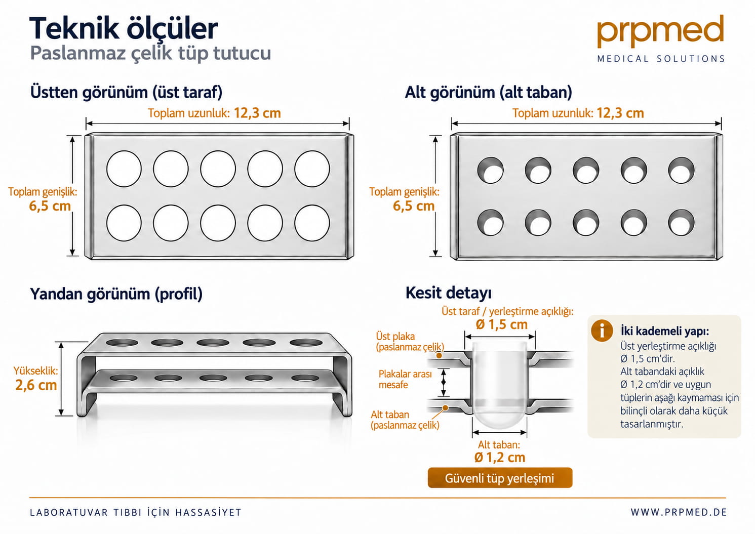 15 mm üst açıklık ve 12 mm alt taban açıklığına sahip paslanmaz çelik tüp tutucunun teknik ölçüleri